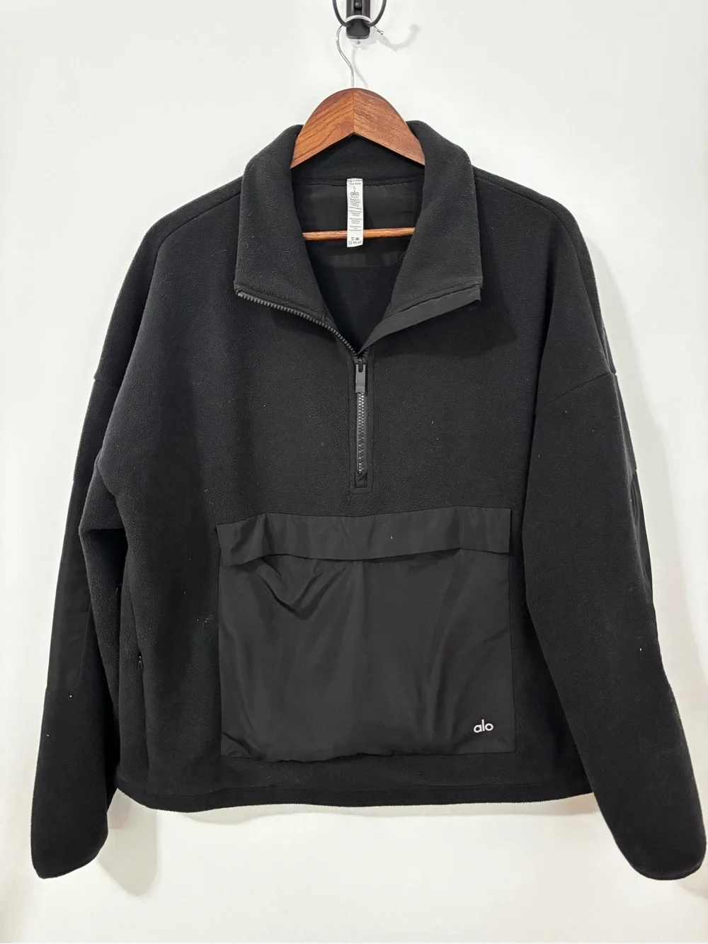 Alo Yoga Black Fleece Half Zip Pullover Jacket Large Oversized Kangaroo Pocket